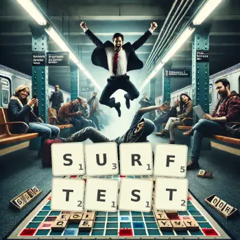 Kreative Illustration für ein Scrabble-Spiel, bei dem das Wort SURFTEST mit Steinen auf dem Brett gelegt wurde.