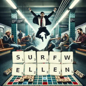 Kreative Illustration für ein Scrabble-Spiel, bei dem das Wort SURFWELLEN mit Steinen auf dem Brett gelegt wurde.