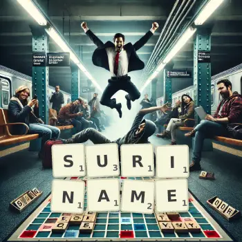 Kreative Illustration für ein Scrabble-Spiel, bei dem das Wort SURINAME mit Steinen auf dem Brett gelegt wurde.