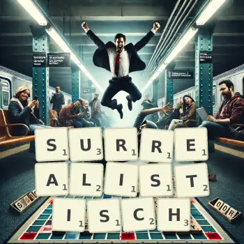 Kreative Illustration für ein Scrabble-Spiel, bei dem das Wort SURREALISTISCH mit Steinen auf dem Brett gelegt wurde.