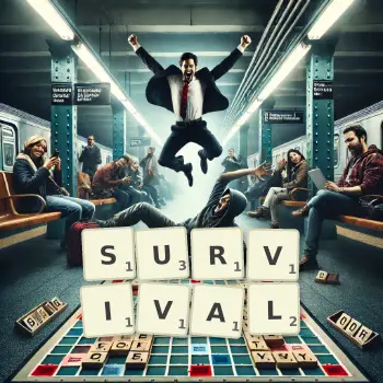Kreative Illustration für ein Scrabble-Spiel, bei dem das Wort SURVIVAL mit Steinen auf dem Brett gelegt wurde.