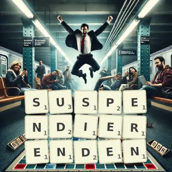 Kreative Illustration für ein Scrabble-Spiel, bei dem das Wort SUSPENDIERENDEN mit Steinen auf dem Brett gelegt wurde.