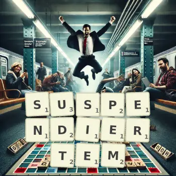 Kreative Illustration für ein Scrabble-Spiel, bei dem das Wort SUSPENDIERTEM mit Steinen auf dem Brett gelegt wurde.