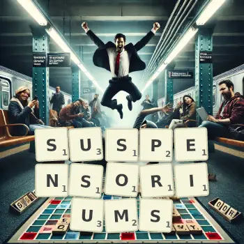 Kreative Illustration für ein Scrabble-Spiel, bei dem das Wort SUSPENSORIUMS mit Steinen auf dem Brett gelegt wurde.