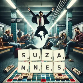 Kreative Illustration für ein Scrabble-Spiel, bei dem das Wort SUZANNES mit Steinen auf dem Brett gelegt wurde.