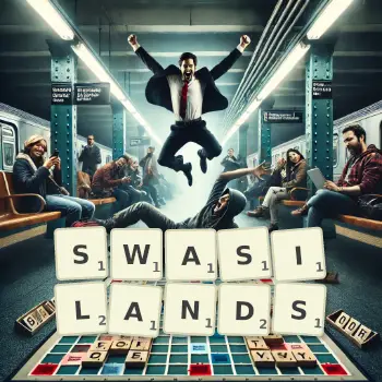 Kreative Illustration für ein Scrabble-Spiel, bei dem das Wort SWASILANDS mit Steinen auf dem Brett gelegt wurde.