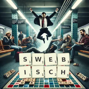 Kreative Illustration für ein Scrabble-Spiel, bei dem das Wort SWEBISCH mit Steinen auf dem Brett gelegt wurde.