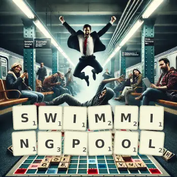 Kreative Illustration für ein Scrabble-Spiel, bei dem das Wort SWIMMINGPOOL mit Steinen auf dem Brett gelegt wurde.