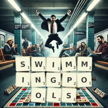 Kreative Illustration für ein Scrabble-Spiel, bei dem das Wort SWIMMINGPOOLS mit Steinen auf dem Brett gelegt wurde.