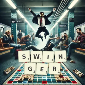 Kreative Illustration für ein Scrabble-Spiel, bei dem das Wort SWINGER mit Steinen auf dem Brett gelegt wurde.
