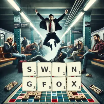 Kreative Illustration für ein Scrabble-Spiel, bei dem das Wort SWINGFOX mit Steinen auf dem Brett gelegt wurde.