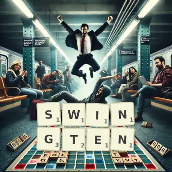 Kreative Illustration für ein Scrabble-Spiel, bei dem das Wort SWINGTEN mit Steinen auf dem Brett gelegt wurde.