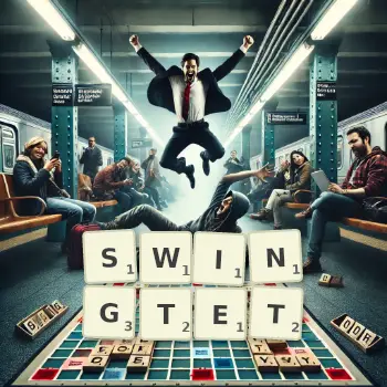 Kreative Illustration für ein Scrabble-Spiel, bei dem das Wort SWINGTET mit Steinen auf dem Brett gelegt wurde.