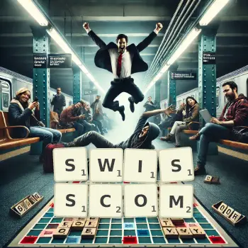 Kreative Illustration für ein Scrabble-Spiel, bei dem das Wort SWISSCOM mit Steinen auf dem Brett gelegt wurde.