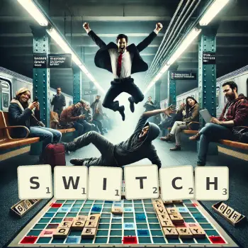 Kreative Illustration für ein Scrabble-Spiel, bei dem das Wort SWITCH mit Steinen auf dem Brett gelegt wurde.