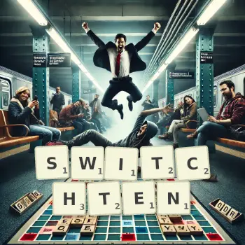 Kreative Illustration für ein Scrabble-Spiel, bei dem das Wort SWITCHTEN mit Steinen auf dem Brett gelegt wurde.