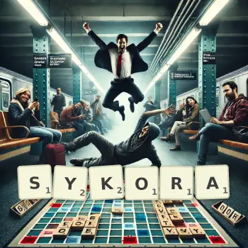 Kreative Illustration für ein Scrabble-Spiel, bei dem das Wort SYKORA mit Steinen auf dem Brett gelegt wurde.