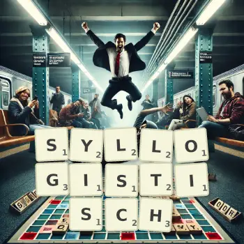 Kreative Illustration für ein Scrabble-Spiel, bei dem das Wort SYLLOGISTISCH mit Steinen auf dem Brett gelegt wurde.