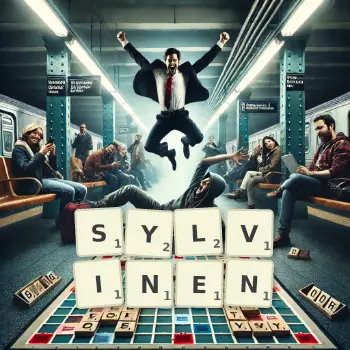 Kreative Illustration für ein Scrabble-Spiel, bei dem das Wort SYLVINEN mit Steinen auf dem Brett gelegt wurde.