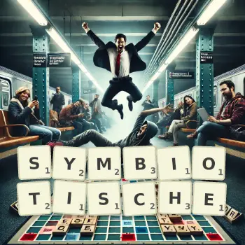 Kreative Illustration für ein Scrabble-Spiel, bei dem das Wort SYMBIOTISCHE mit Steinen auf dem Brett gelegt wurde.