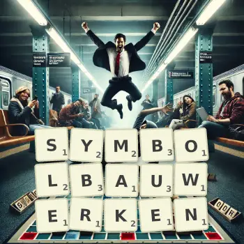 Kreative Illustration für ein Scrabble-Spiel, bei dem das Wort SYMBOLBAUWERKEN mit Steinen auf dem Brett gelegt wurde.
