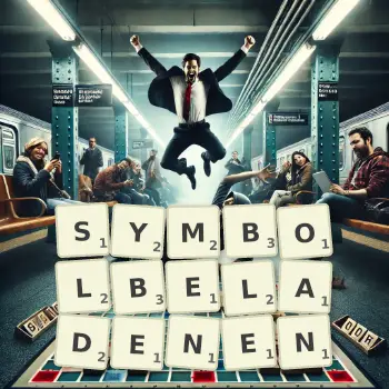 Kreative Illustration für ein Scrabble-Spiel, bei dem das Wort SYMBOLBELADENEN mit Steinen auf dem Brett gelegt wurde.