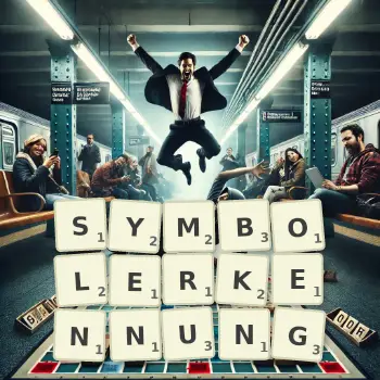 Kreative Illustration für ein Scrabble-Spiel, bei dem das Wort SYMBOLERKENNUNG mit Steinen auf dem Brett gelegt wurde.