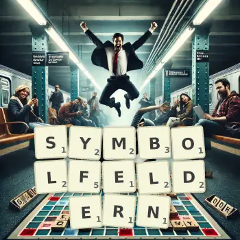 Kreative Illustration für ein Scrabble-Spiel, bei dem das Wort SYMBOLFELDERN mit Steinen auf dem Brett gelegt wurde.