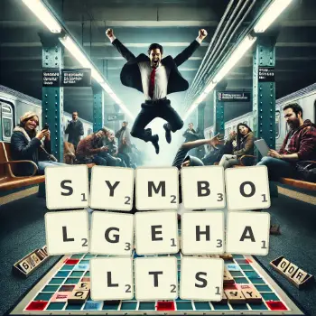 Kreative Illustration für ein Scrabble-Spiel, bei dem das Wort SYMBOLGEHALTS mit Steinen auf dem Brett gelegt wurde.