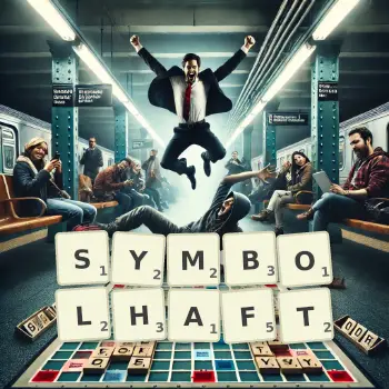 Kreative Illustration für ein Scrabble-Spiel, bei dem das Wort SYMBOLHAFT mit Steinen auf dem Brett gelegt wurde.