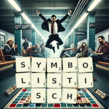 Kreative Illustration für ein Scrabble-Spiel, bei dem das Wort SYMBOLISTISCH mit Steinen auf dem Brett gelegt wurde.