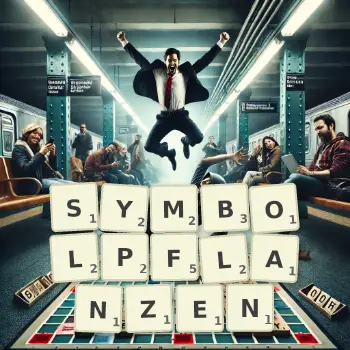 Kreative Illustration für ein Scrabble-Spiel, bei dem das Wort SYMBOLPFLANZEN mit Steinen auf dem Brett gelegt wurde.