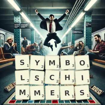 Kreative Illustration für ein Scrabble-Spiel, bei dem das Wort SYMBOLSCHIMMERS mit Steinen auf dem Brett gelegt wurde.