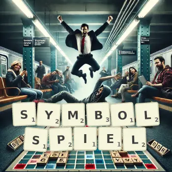 Kreative Illustration für ein Scrabble-Spiel, bei dem das Wort SYMBOLSPIEL mit Steinen auf dem Brett gelegt wurde.