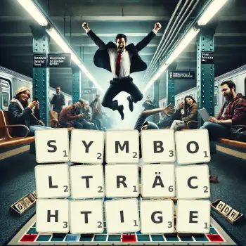 Kreative Illustration für ein Scrabble-Spiel, bei dem das Wort SYMBOLTRÄCHTIGE mit Steinen auf dem Brett gelegt wurde.