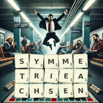 Kreative Illustration für ein Scrabble-Spiel, bei dem das Wort SYMMETRIEACHSEN mit Steinen auf dem Brett gelegt wurde.