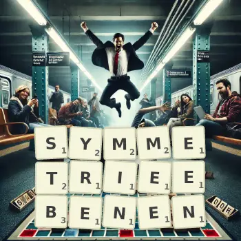 Kreative Illustration für ein Scrabble-Spiel, bei dem das Wort SYMMETRIEEBENEN mit Steinen auf dem Brett gelegt wurde.