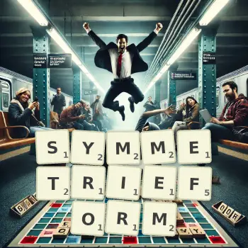 Kreative Illustration für ein Scrabble-Spiel, bei dem das Wort SYMMETRIEFORM mit Steinen auf dem Brett gelegt wurde.