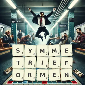 Kreative Illustration für ein Scrabble-Spiel, bei dem das Wort SYMMETRIEFORMEN mit Steinen auf dem Brett gelegt wurde.