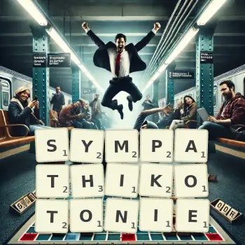 Kreative Illustration für ein Scrabble-Spiel, bei dem das Wort SYMPATHIKOTONIE mit Steinen auf dem Brett gelegt wurde.