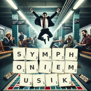 Kreative Illustration für ein Scrabble-Spiel, bei dem das Wort SYMPHONIEMUSIK mit Steinen auf dem Brett gelegt wurde.