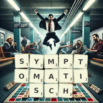 Kreative Illustration für ein Scrabble-Spiel, bei dem das Wort SYMPTOMATISCH mit Steinen auf dem Brett gelegt wurde.