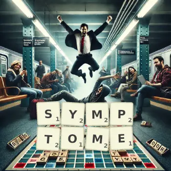 Kreative Illustration für ein Scrabble-Spiel, bei dem das Wort SYMPTOME mit Steinen auf dem Brett gelegt wurde.