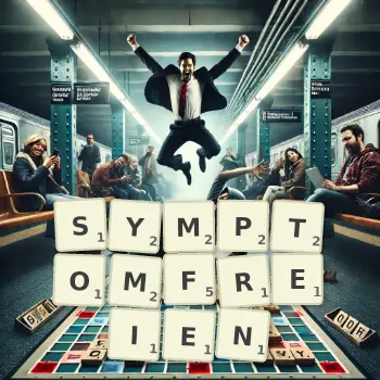 Kreative Illustration für ein Scrabble-Spiel, bei dem das Wort SYMPTOMFREIEN mit Steinen auf dem Brett gelegt wurde.