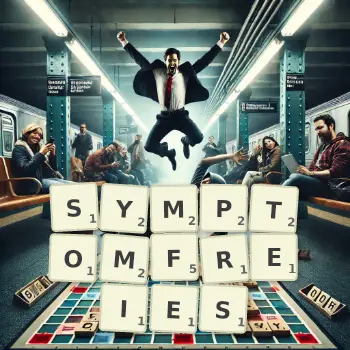 Kreative Illustration für ein Scrabble-Spiel, bei dem das Wort SYMPTOMFREIES mit Steinen auf dem Brett gelegt wurde.