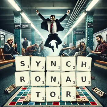 Kreative Illustration für ein Scrabble-Spiel, bei dem das Wort SYNCHRONAUTOR mit Steinen auf dem Brett gelegt wurde.