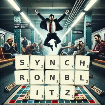 Kreative Illustration für ein Scrabble-Spiel, bei dem das Wort SYNCHRONBLITZ mit Steinen auf dem Brett gelegt wurde.