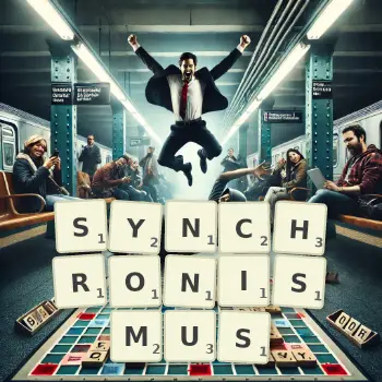 Kreative Illustration für ein Scrabble-Spiel, bei dem das Wort SYNCHRONISMUS mit Steinen auf dem Brett gelegt wurde.