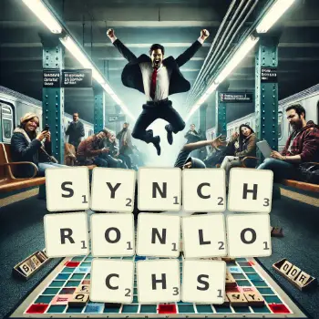 Kreative Illustration für ein Scrabble-Spiel, bei dem das Wort SYNCHRONLOCHS mit Steinen auf dem Brett gelegt wurde.