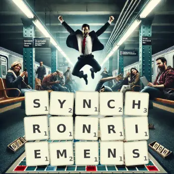 Kreative Illustration für ein Scrabble-Spiel, bei dem das Wort SYNCHRONRIEMENS mit Steinen auf dem Brett gelegt wurde.
